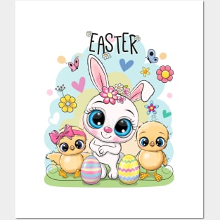 Cute Easter Bunny and Chicks Posters and Art